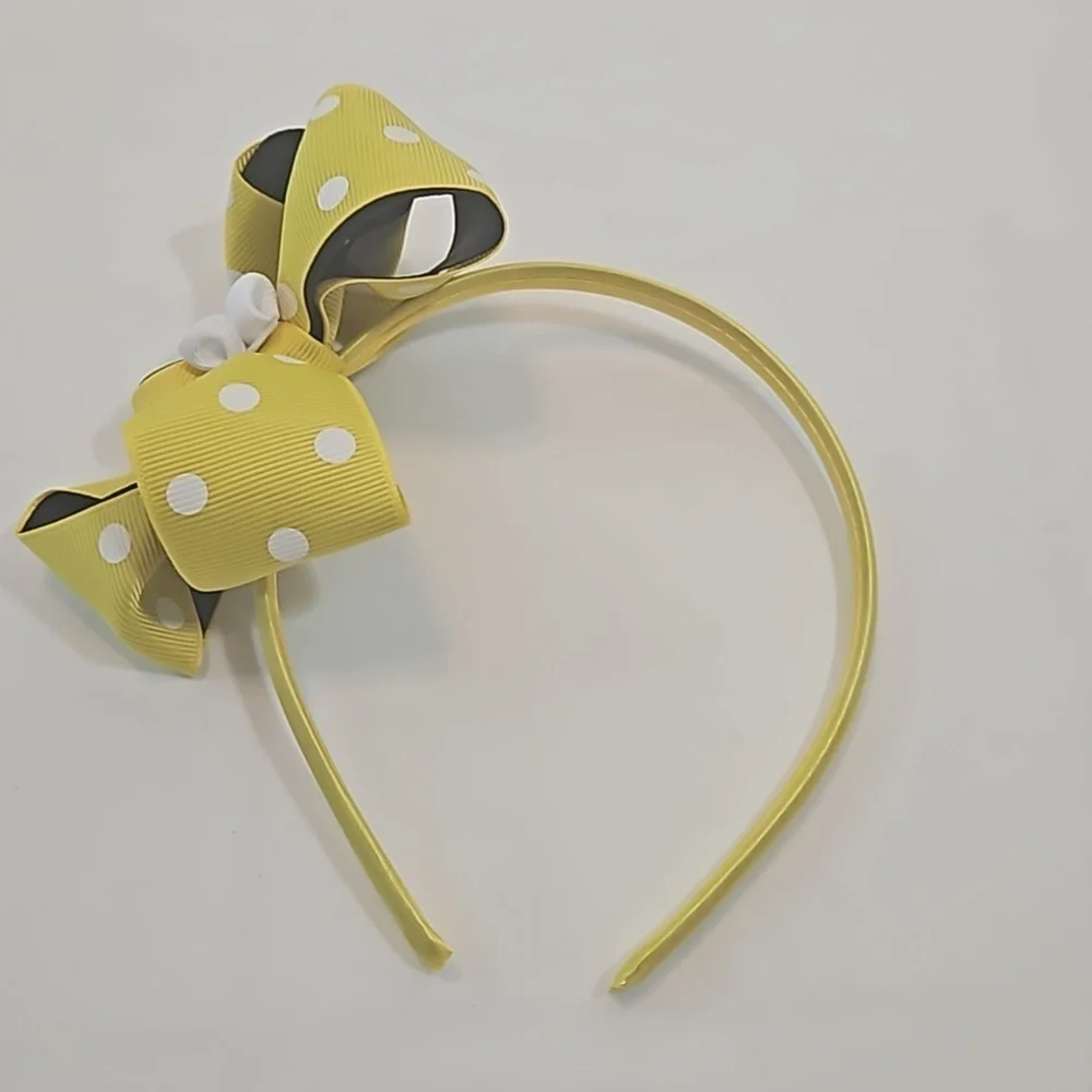 Hand Crafted Handmade Bow Hairband Yellow white polka-dot black contrast ribbon